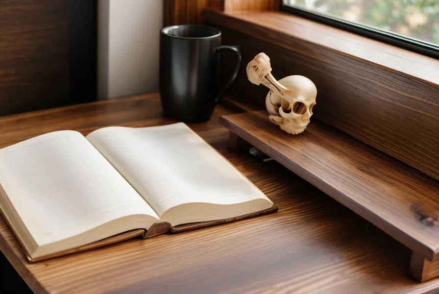 Libros de traducción y diagramas de anatomía humana sobre un escritorio de madera.