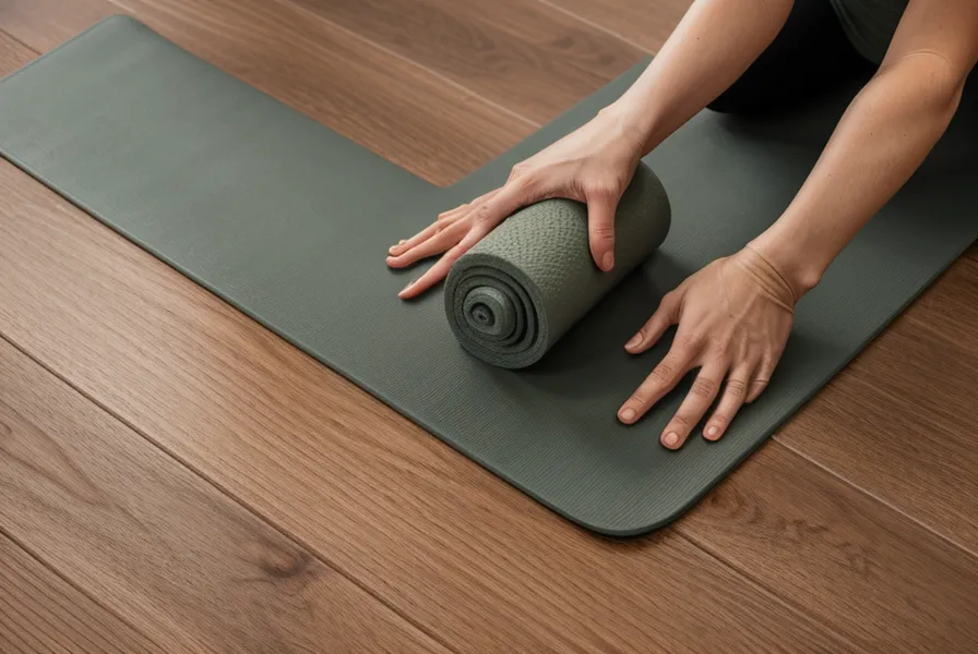 Bloques de yoga y mat frente a una ventana en un día gris de Lima.
