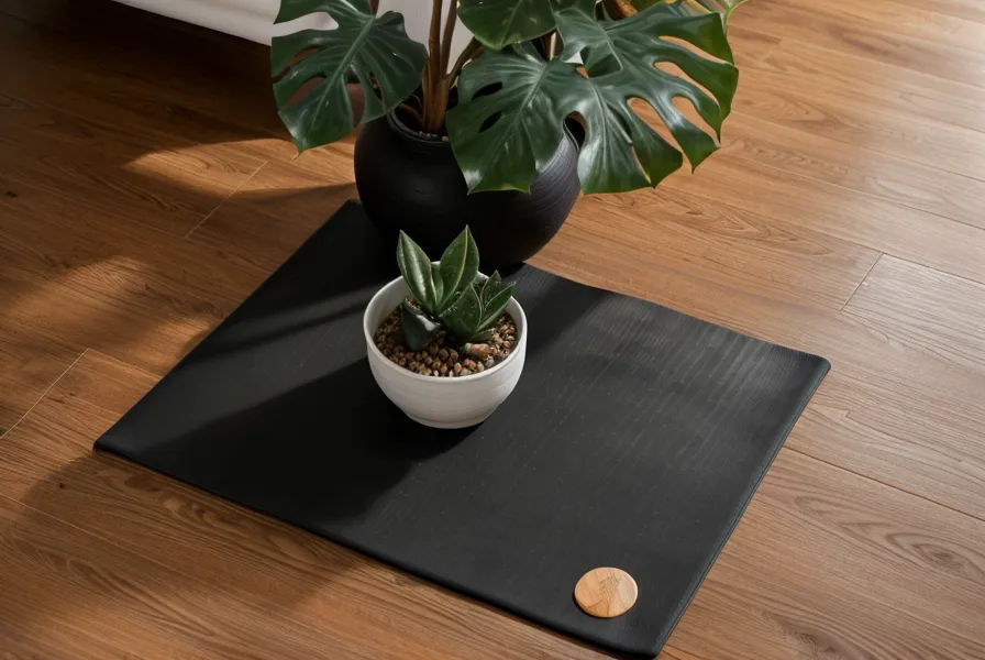Detalle de un mat de yoga y una taza de mate en el suelo de madera.