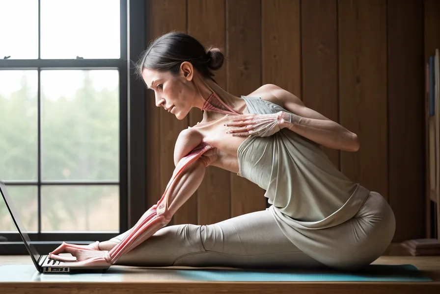 Laptop showing yoga anatomy course next to translation dictionaries on a wooden desk.