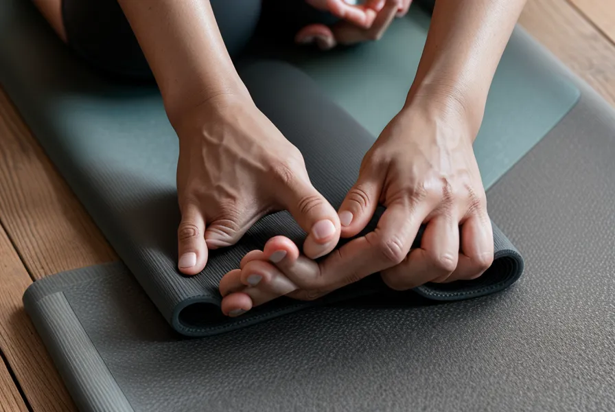 Close-up of a thick charcoal yoga mat being adjusted on a wooden floor.
