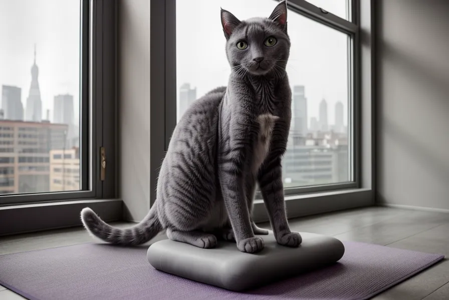 A cat sitting on a yoga block in a misty Lima apartment during winter.