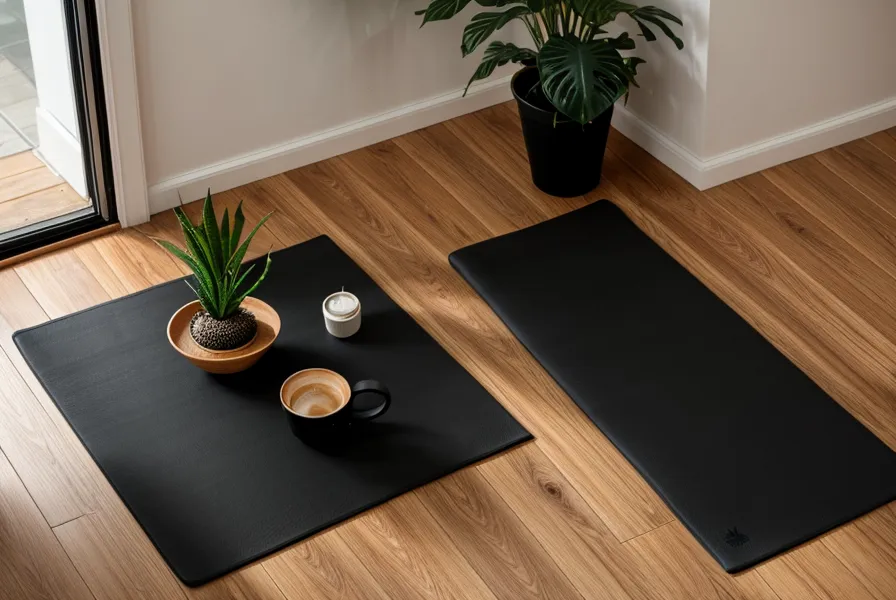 Mat y bloque de yoga junto a un espacio de trabajo, práctica de yoga en casa de una autodidacta