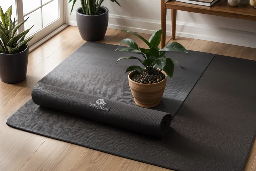 Gata descansando sobre un mat de yoga en una sala iluminada por luz natural.