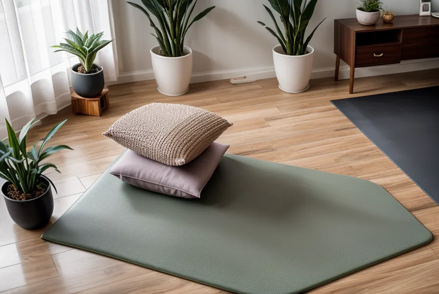 Bloques de yoga y libros antiguos bajo la luz cálida de una lámpara de escritorio.