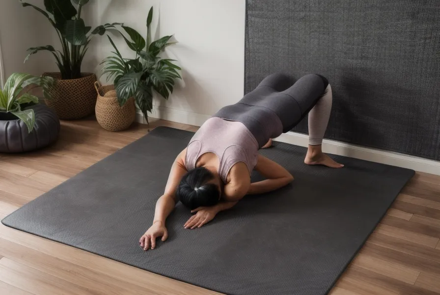 Esterilla de yoga y bloque de madera en un rincón de estudio personal en Lima.