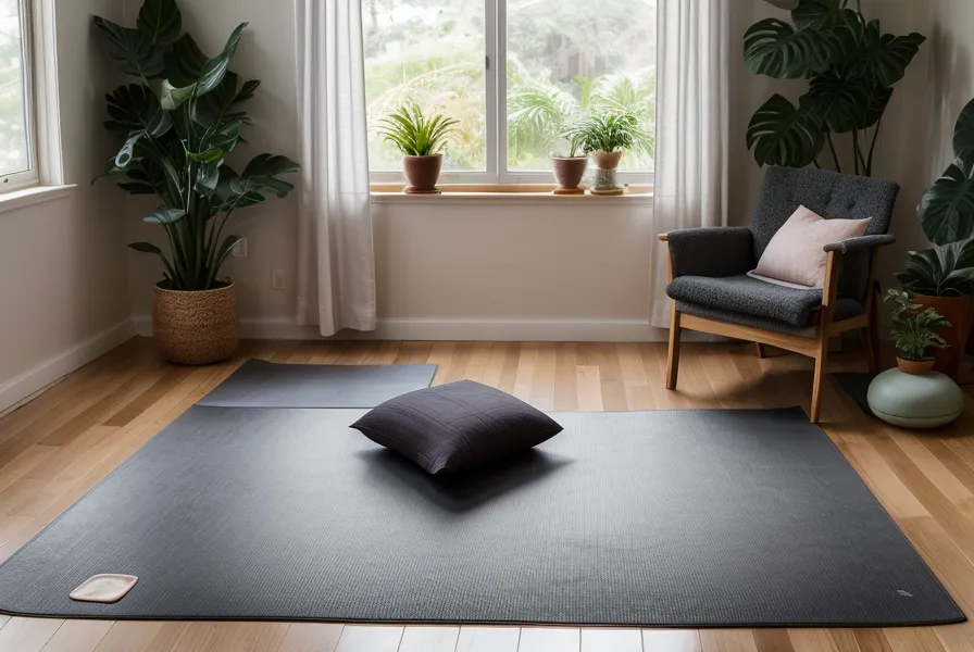 Bloques de yoga y elementos lúdicos en el suelo de parquet de un estudio