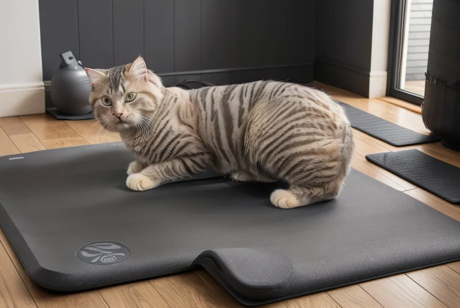 Gato descansando sobre un mat de yoga frente a una ventana con luz suave