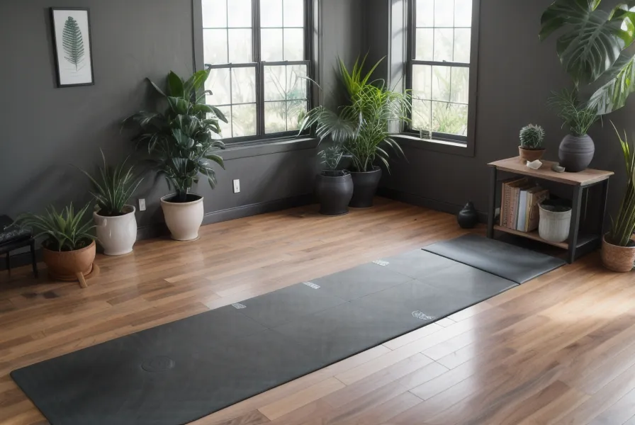 Close-up of a yoga mat and a coffee cup on a translator's desk.
