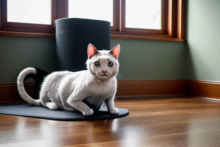 A cat sitting on a yoga mat next to printed study modules and glasses.