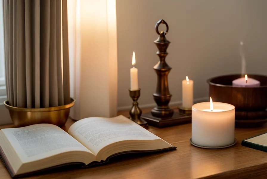 A lit candle on a small home altar next to a stack of yoga books.