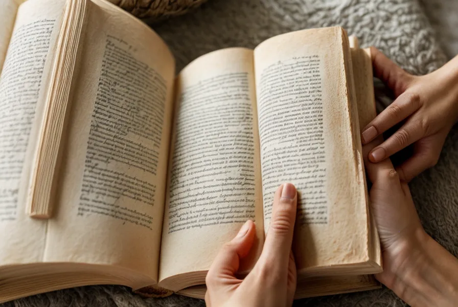 Hands holding an open yoga philosophy book with handwritten notes in the margins.