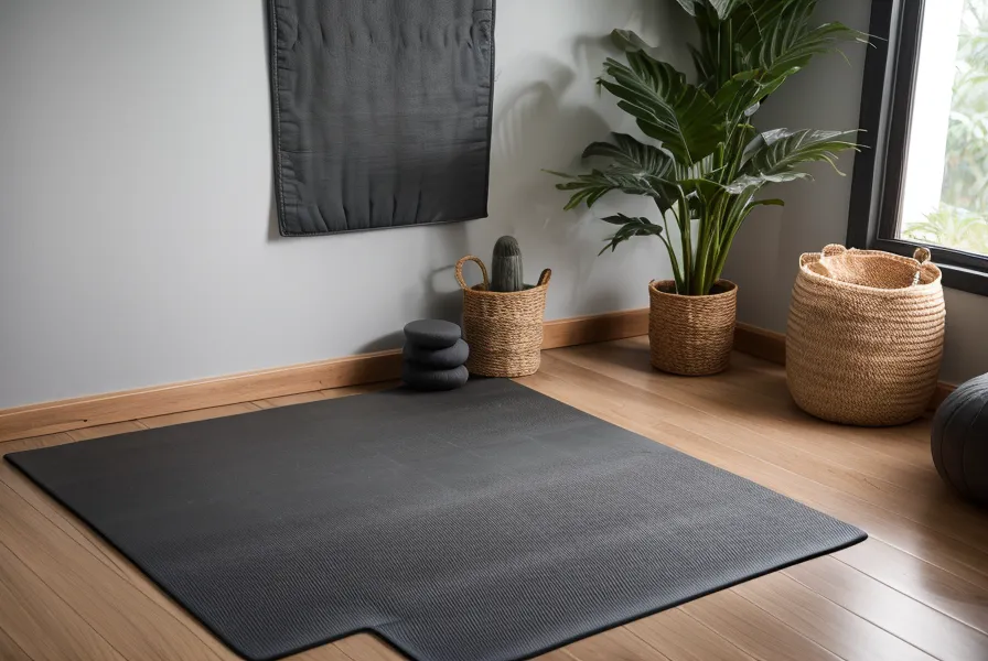 Close-up of a 6mm yoga mat on parquet floor with translation books