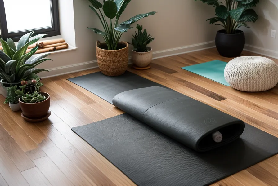 A cat sitting on a yoga mat near a tripod setup for recording a yoga practice.