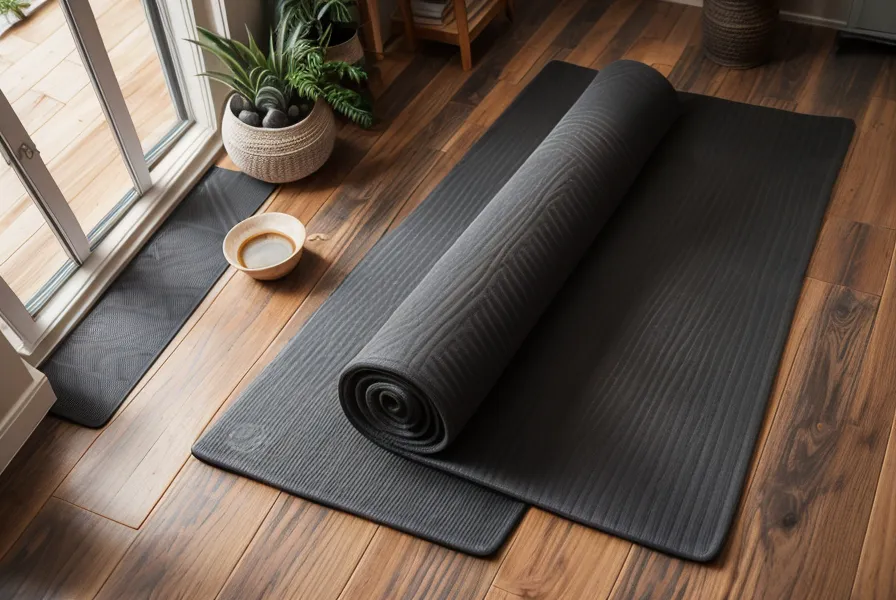 Close-up of feet on a yoga mat during a standing sequence in a home studio.