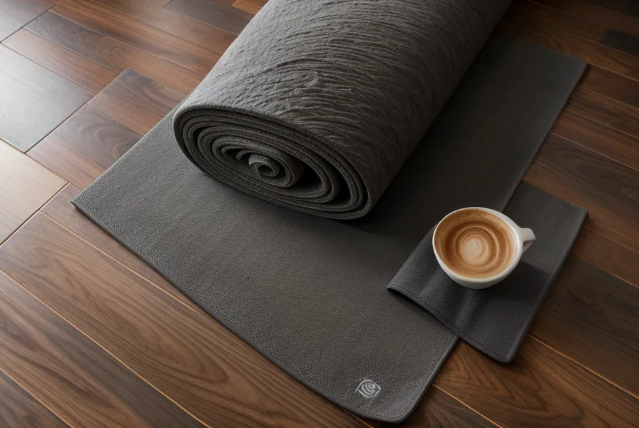Textura de un mat de yoga usado con un cuaderno de notas de traducción al lado.