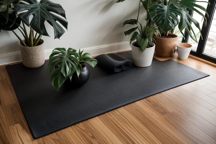 Low angle view of a yoga mat near a workspace with a translation interface on screen.