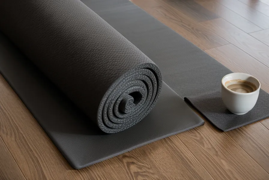 Yoga blocks resting beside a stack of translation papers on a desk at night.
